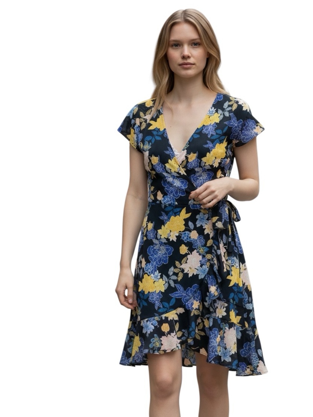 Banana Republic Floral Wrap Dress in Navy with Yellow & Blue Blooms Size 4